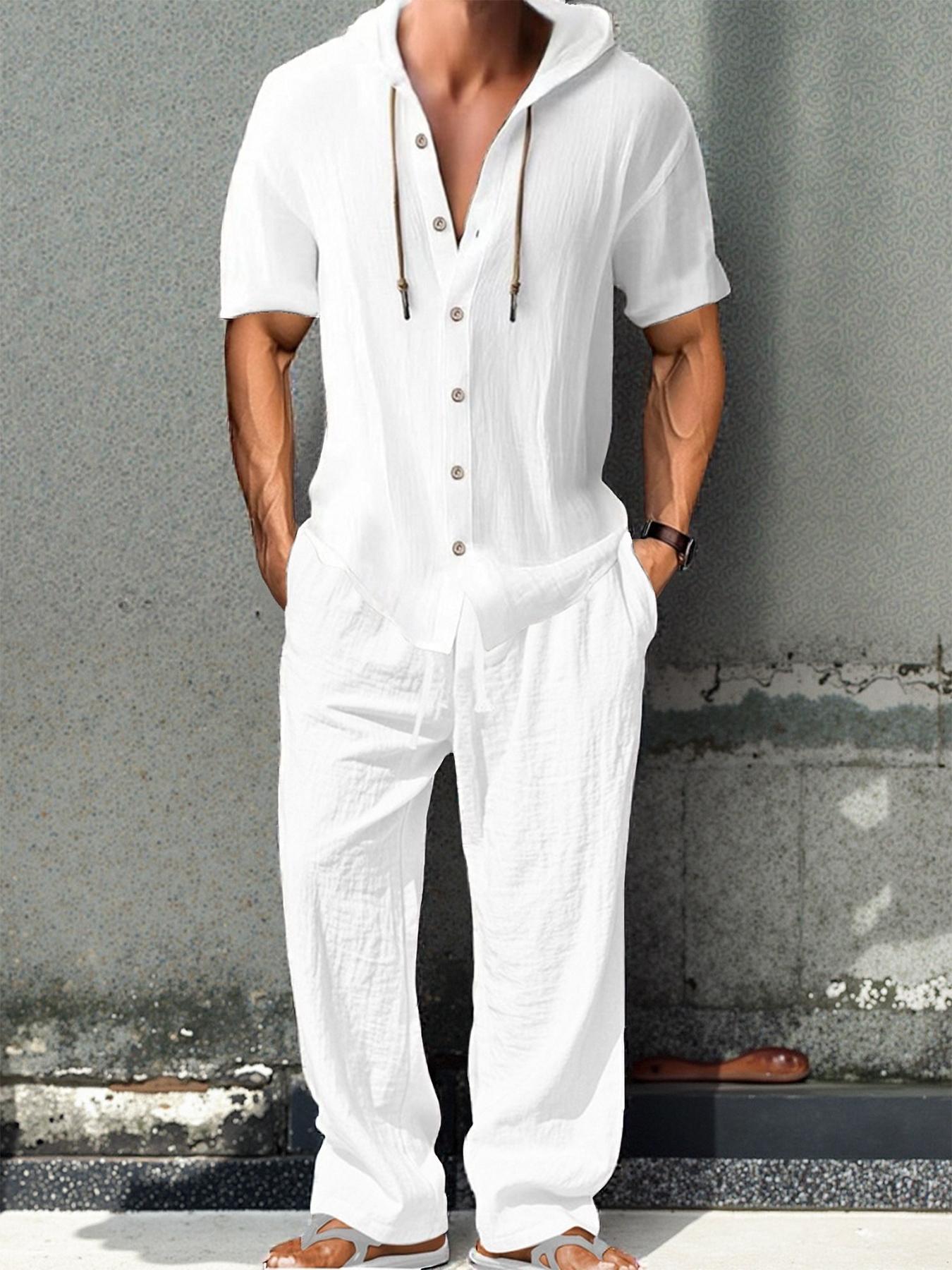 Two-Piece Set Men's Solid Linen Set, Casual Breathable Quick-drying Top & Drawstring Wide-leg Pants Set for Beach Holiday, Men's Clothing for Summer, Menswear