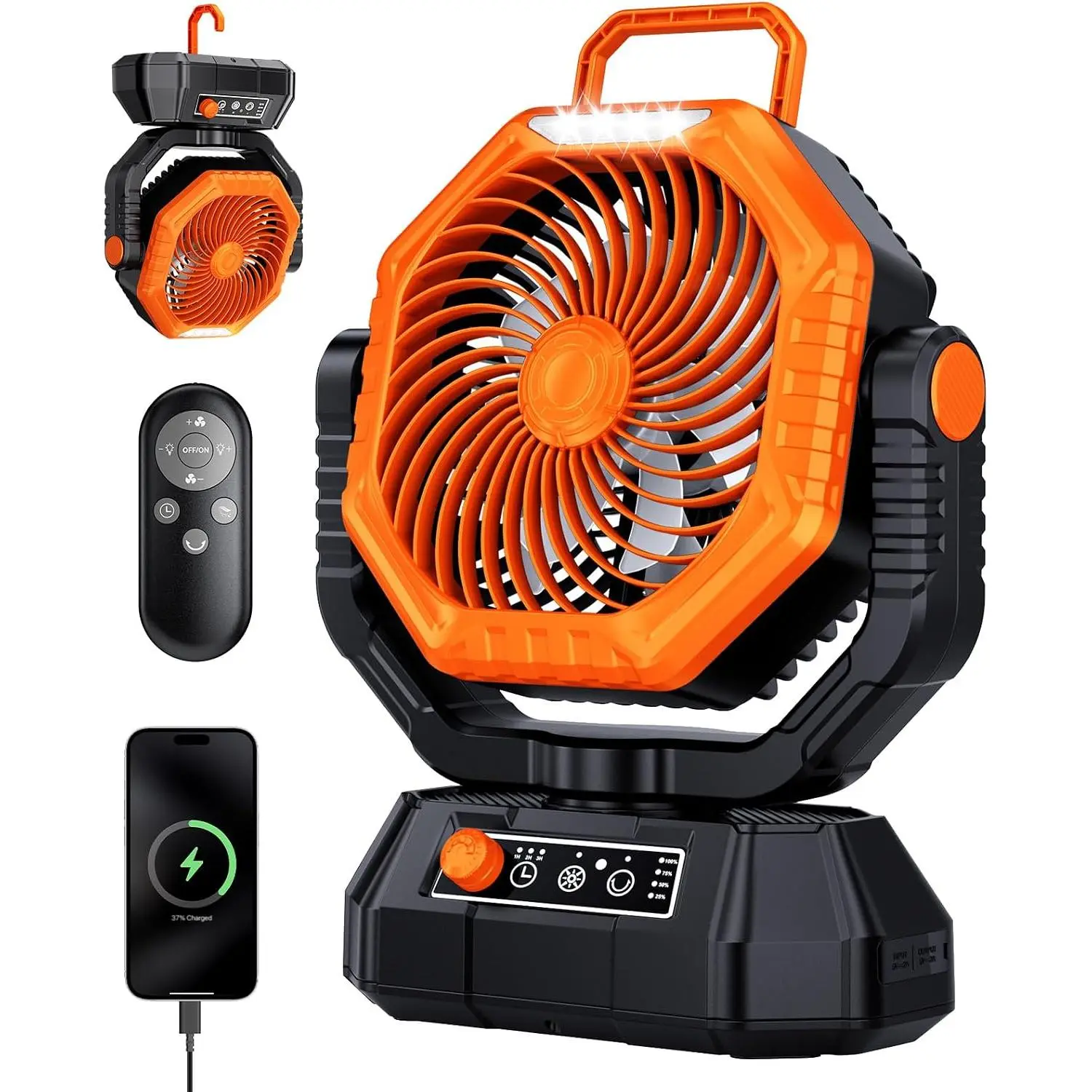 Camping Fan, Oscillating   Portable Rechargeable  Tent Fan with Light and Remote for Camp, Outdoor,  Power Outage, Fishing, RV Travel, Orange