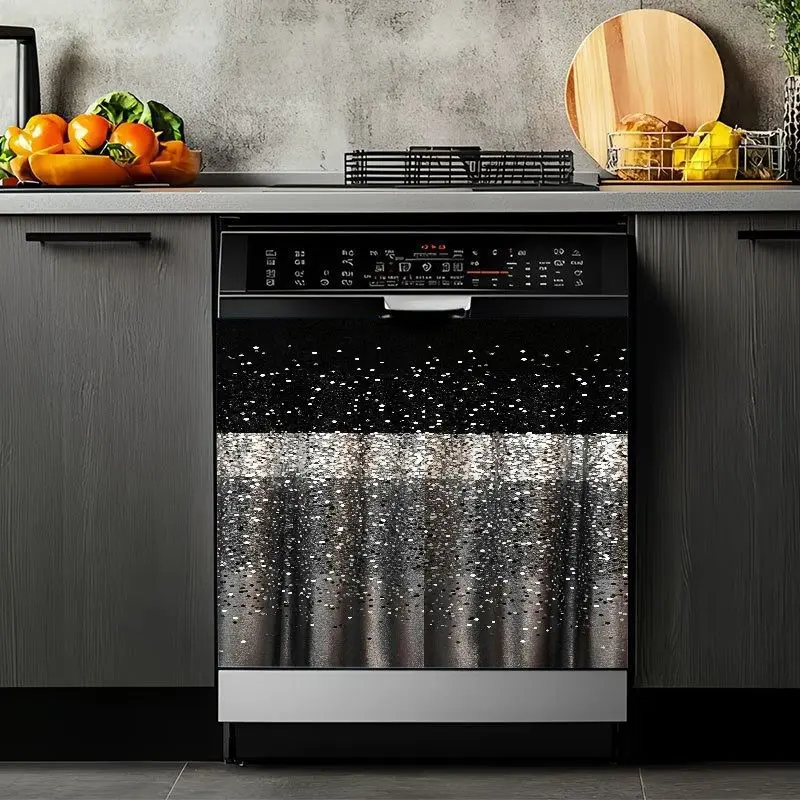 2D Flat 2Pcs Modern Waterproof Dishwasher Sticker Raindrop Water Pattern Black Silver Design Decorative Kitchen Appliance Cover Self Adhesive Vinyl Removable Decal for Home Laundry Room Refrigerator Door Decor