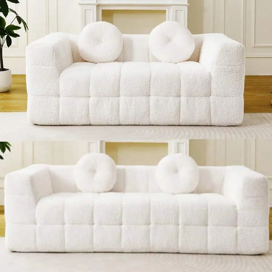 Modern Checkered Sofa With 2 Pillows, Boneless Cloud Couch, Modular Sofa With Lychee-Textured Long-Pile Polyester, Plush-Density Foam, Circular Throw Pillows, Living Room Couch, Apartment Sofa, Bedroom Lounge, No Assembly