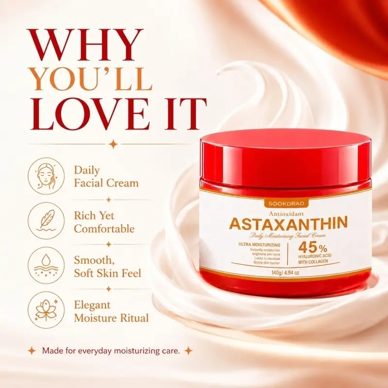 Astaxanthin Daily Facial Cream, 45% Hyaluronic Acid, Collagen, Ultra Moisturizing, Instant Hydration, Brighten Skin Tone, Lock Moisture, Stable Skin Barrier, 140g