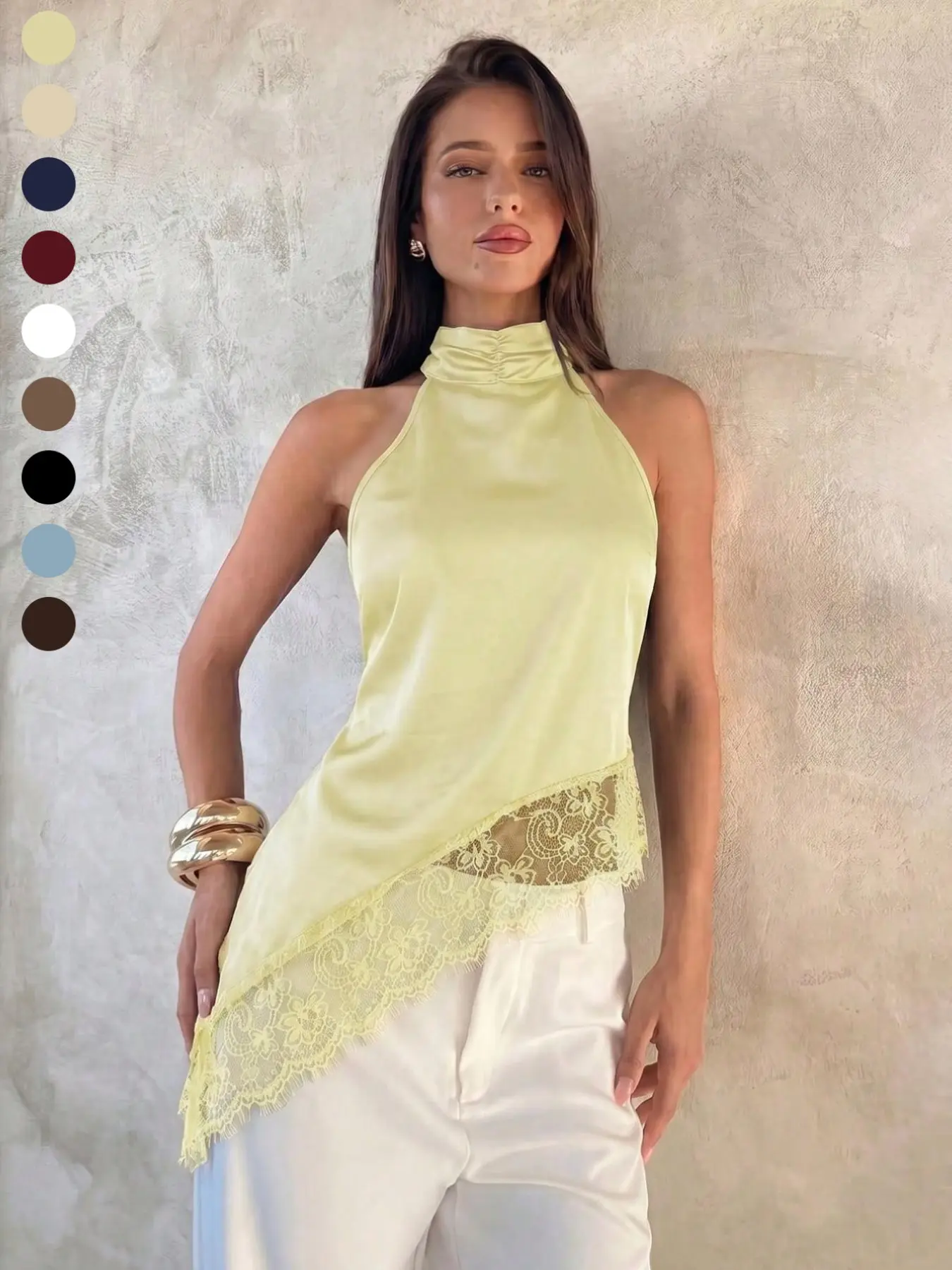 Sexy Fashion Versatile Halter Neck Backless Lace Patchwork Asymmetrical Tank Top, New Summer Silk Material, Perfect for Spring and Summer
