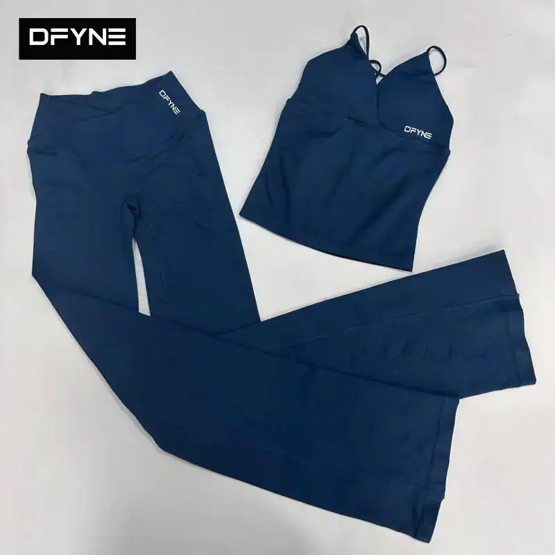 Women's 2-Piece Ribbed Fabric Gym Wear Set - High Waisted Bell Bottoms, V-Neck Tank Tops, Matching Activewear for Workout