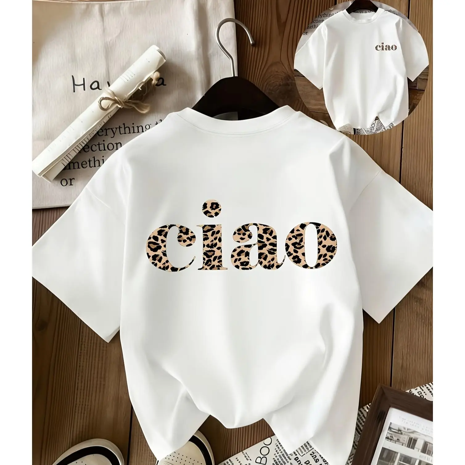 Oversized Ciao Leopard Graphic T‑Shirt, Leopard Letter Printed Craft Tee, Comfort Soft Cotton Short Sleeve Top, Fashion Retro Casual Outfit for Men Women, Cute Valentine's Day Gift, Ideal Present for Lovers Family Friends, Daily Streetwear