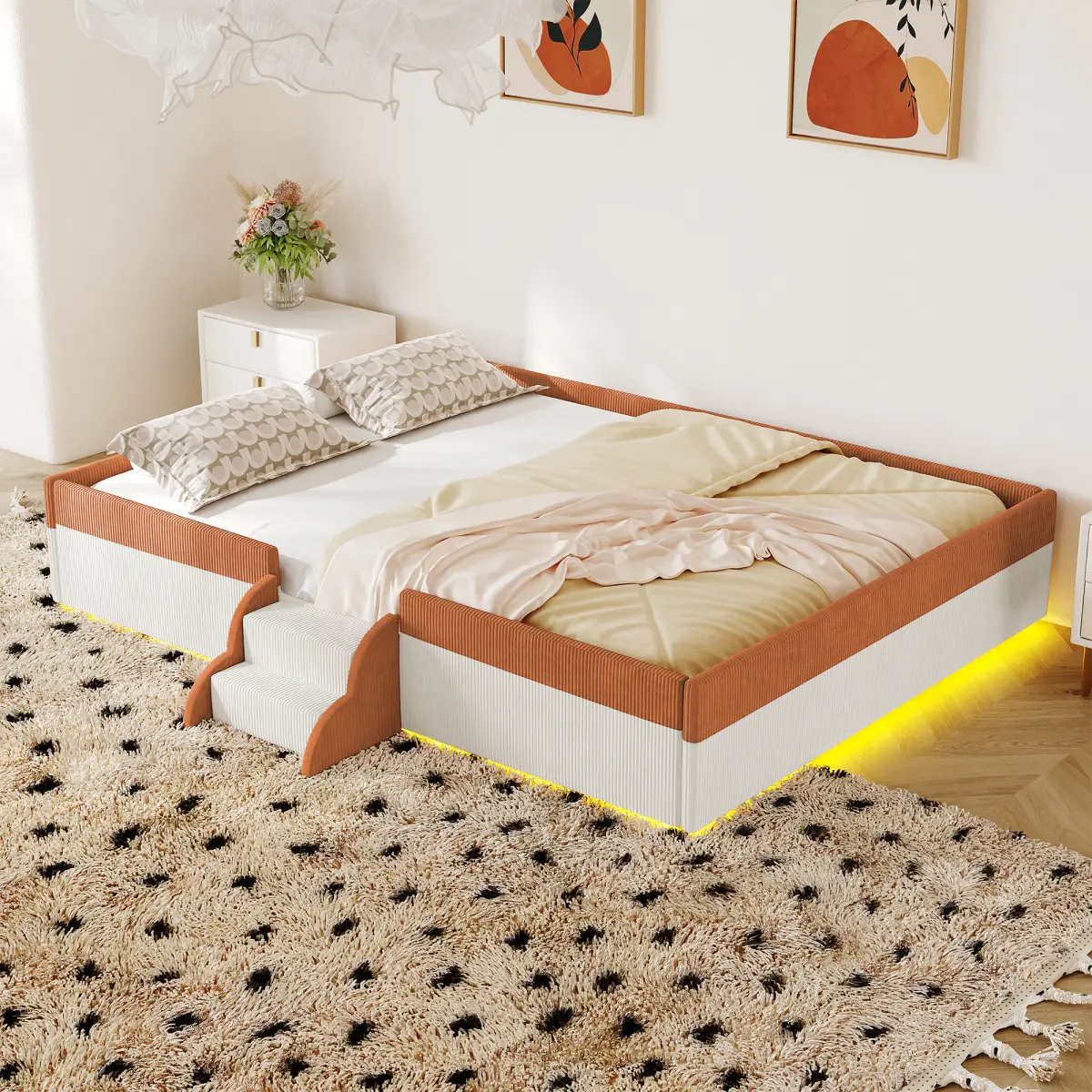 Aobtkel Full /Queen/King/Twin Size Upholstered Floor Bed with Fence Guardrails, 2-Tier Padded Steps and Smart APP LED Lights, Corduroy Low Profile Platform Bed with 10 Slats, No Box Spring Needed, 600 LBS Kids Teens Adults Bed, Brown White