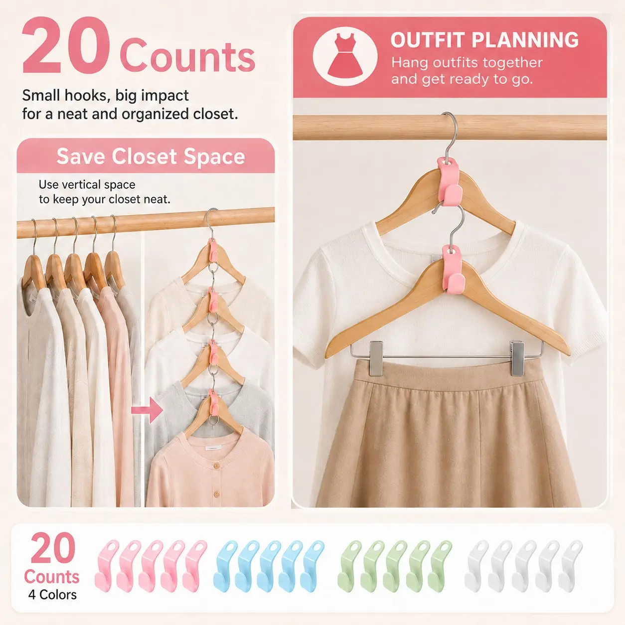 20 Piece Clothes Hook Set, Space-Saving Hanging Hooks, Multi-Color, Ideal for Dorms, Rentals, Closet Organization, Perfect Fashion Accessory