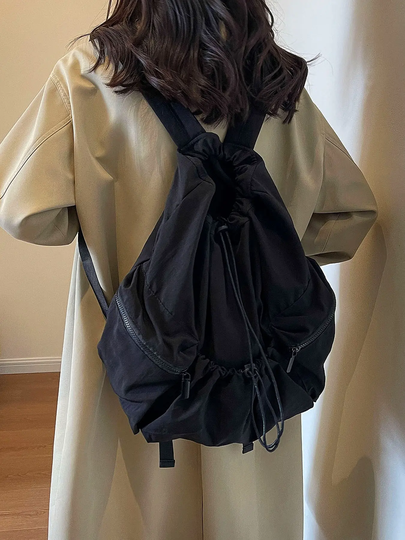 Women Casual Black Drawstring Backpack, Soft Wrinkle Nylon Ruched Rucksack, Lightweight Large Capacity Multi Pocket Daypack, Minimalist Korean Style Daily Travel School Backpack