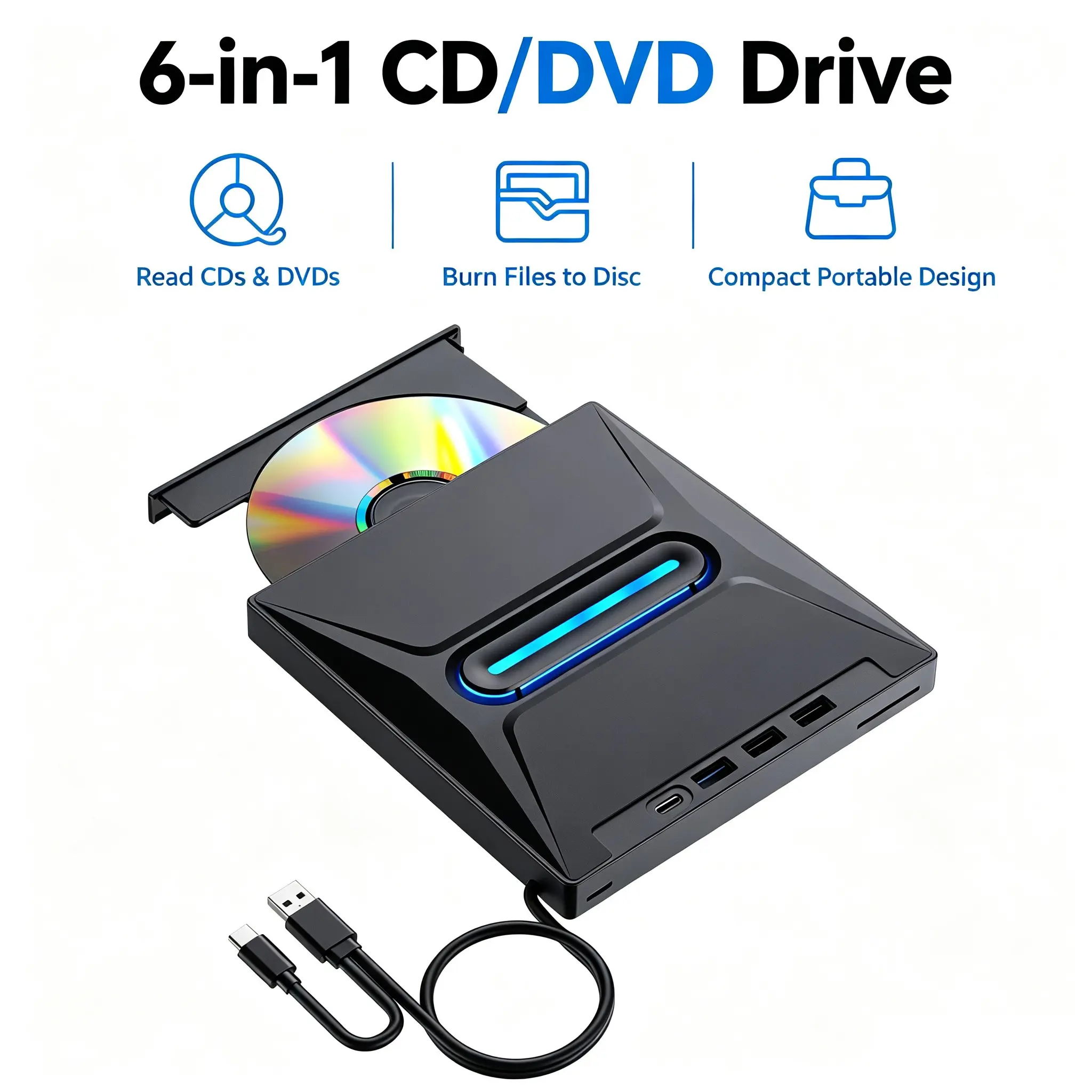 6 in 1 Portable External CD DVD Drive USB3.0 Optical RW Burner with SD TF Card Reader Hub, Plug and Play Disc Reader Writer Compatible with Laptop Desktop Mac Windows Linux
