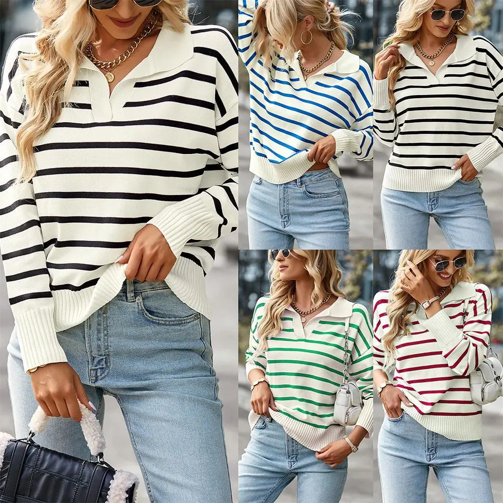 Women’s Striped Collared Knit Sweater, Long Sleeve Relaxed Fit Pullover with Ribbed Cuffs and Hem, Casual Fall Winter Top for Everyday, Work, Travel and Weekend Outfits