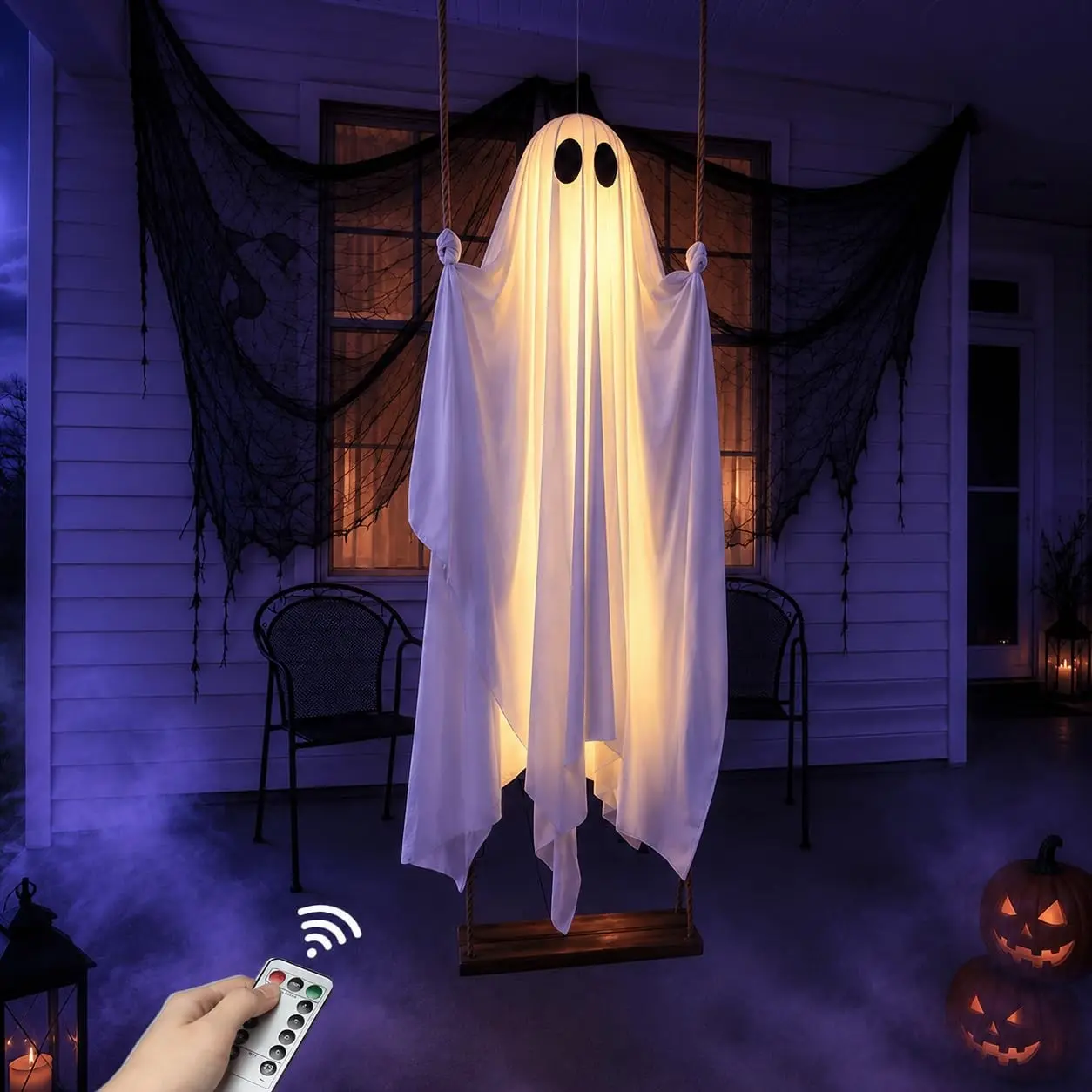 Large 5-Foot Pre-Assembled Hanging Ghost Swing Halloween Outdoor Decor, Adjustable Height, Remote Control Lights, Smooth Fabric, Patio, Garden, Lawn, Tree Decoration