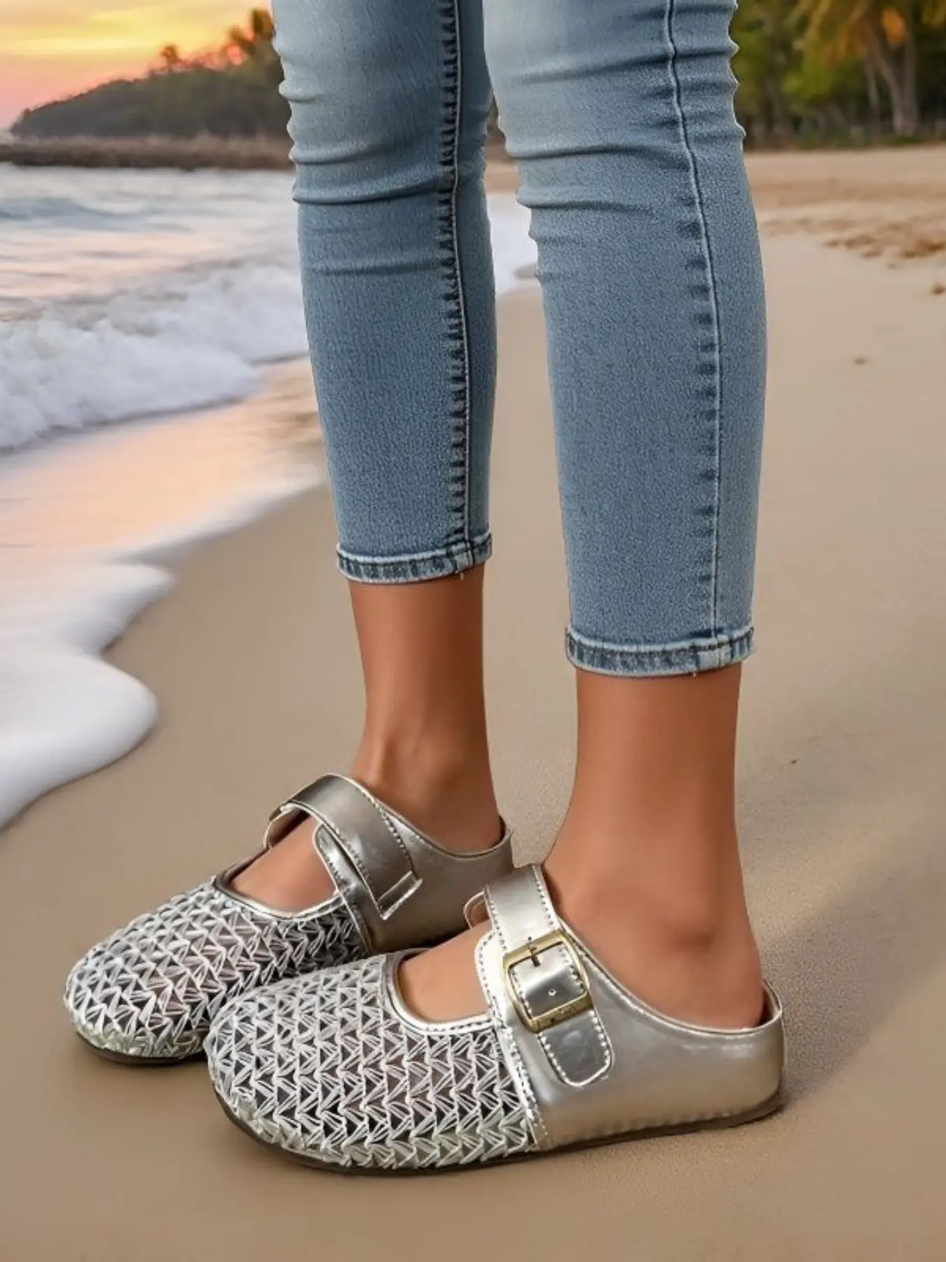 New Summer Hollow Out Mary Jane Flat Shoes, Casual Metal Buckle Round Toe Sandals, Soft Breathable Lightweight Daily Wear Shoes