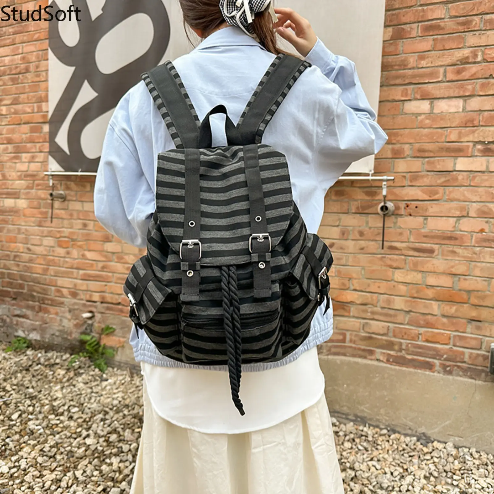 Back to School Striped Canvas Backpack Vintage Drawstring Rucksack Black Grey Stripes School Bag Laptop Daypack for Teens College Students