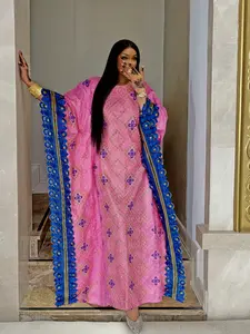 High Quality African Nigerian Boubou Dress with Embroidered Stone Lace Trim, Wedding Gown for Elegant Women, Bride Or Bridesmaids Wedding Party  Long Robe