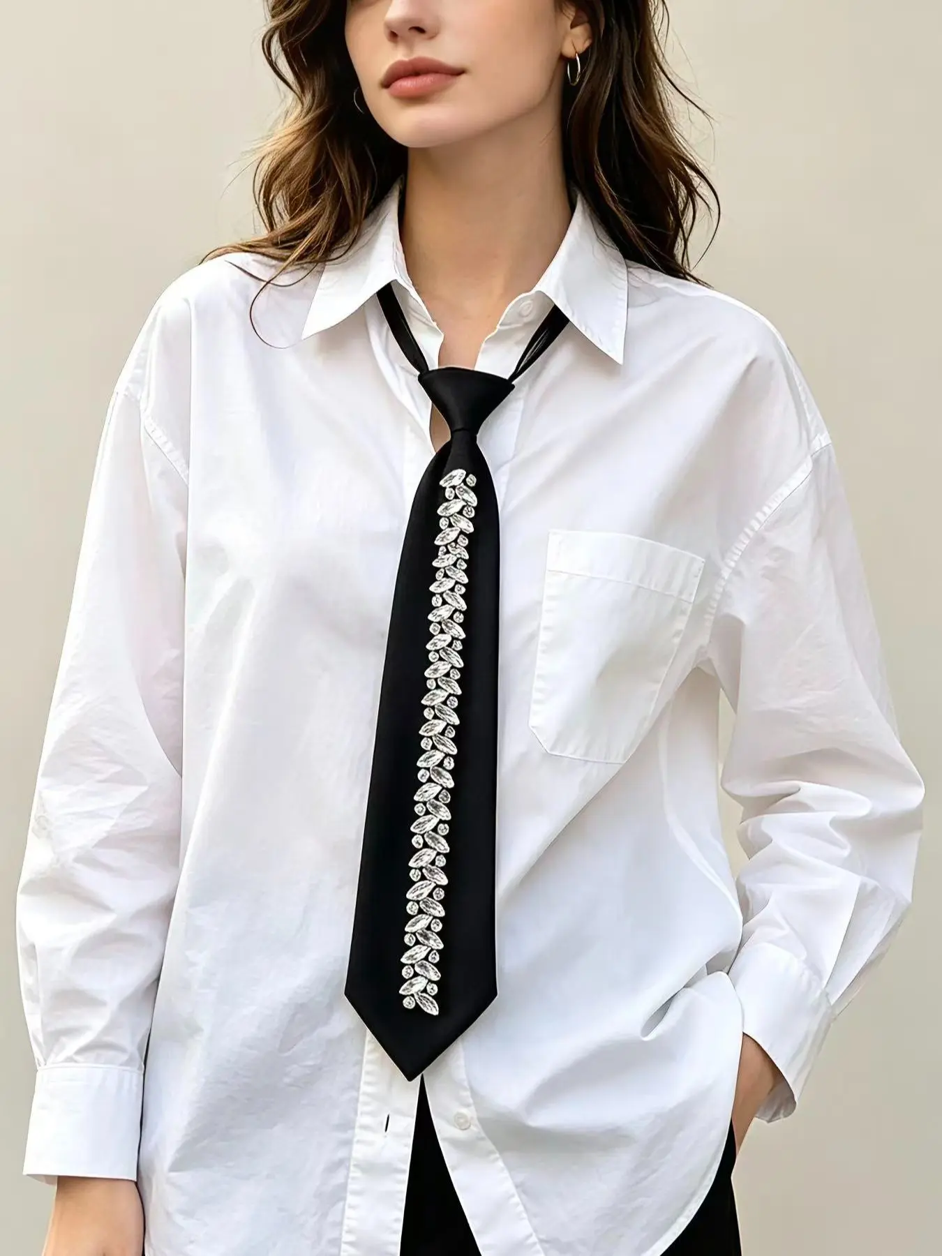 Unisex 34cm Pre-tied Rhinestone Decor Necktie, Stylish Tie Design, Y2K Preppy Gothic Bling Neck Accessory for Shirts
