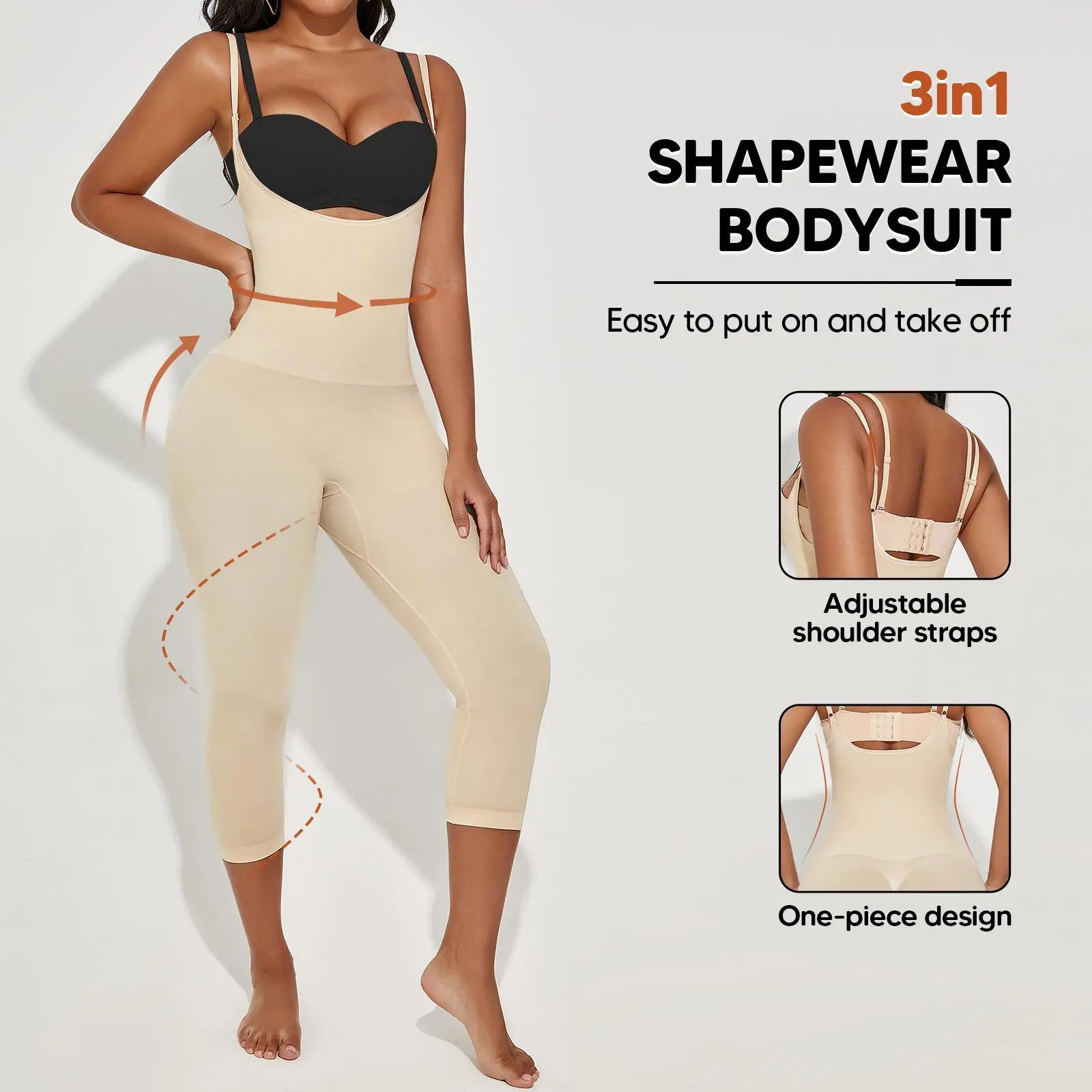 SUPRENX Women's Seamless 3-in-1 Dream Fabric Compression Shapewear Jumpsuit - 1-Piece, Tummy Control, Waist Training, Butt Lift, Adjustable Strap Capris, Boy Shorts, Scoop Neck, Racerback, Office, Casual Wear, Night Out, Christmas, Birthday