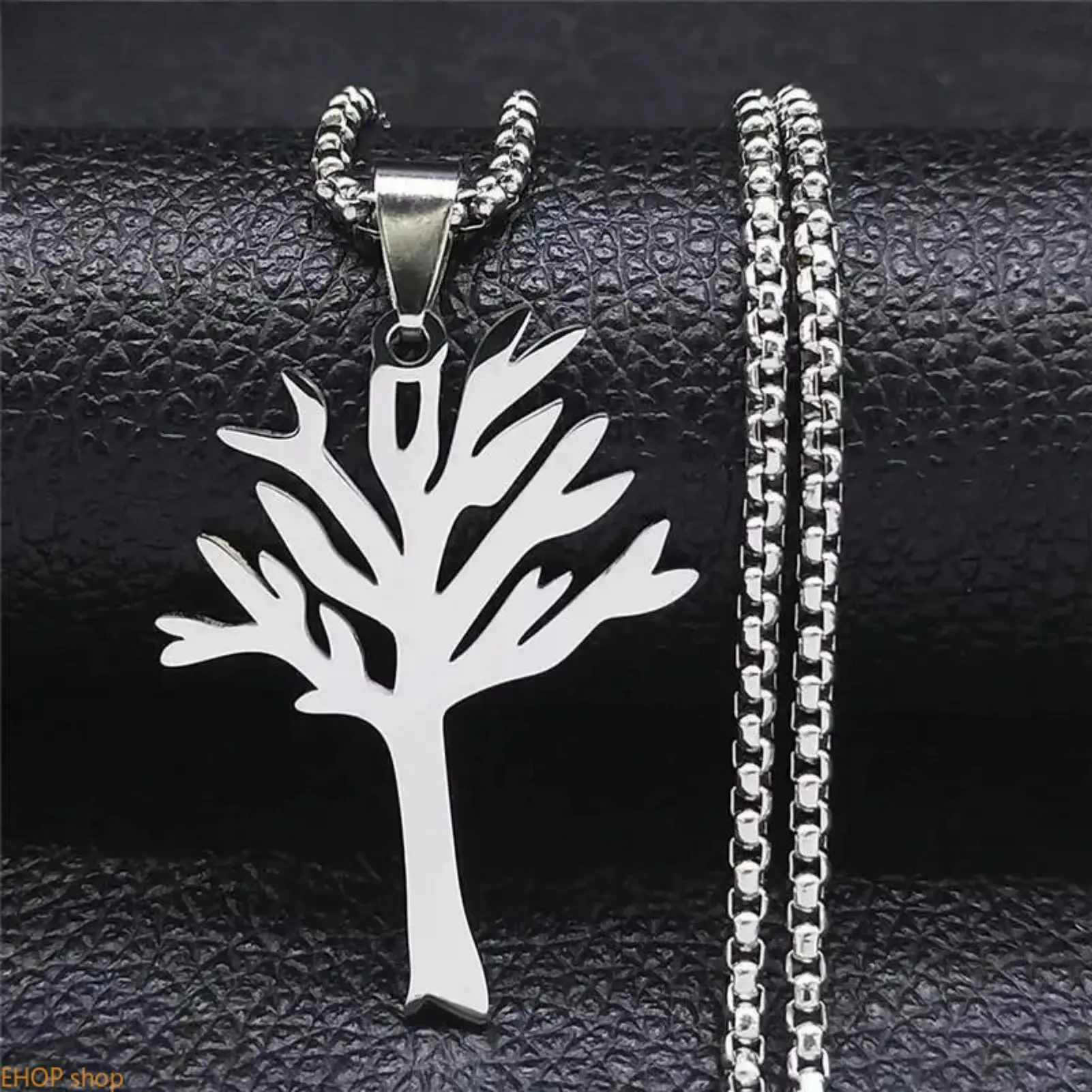 Stainless Steel Laser-Carved Tree Motif Pendant Necklace, Unisex Fashion Accessory, Tarnish Resistant Durable Jewelry for Daily Wear & Layering