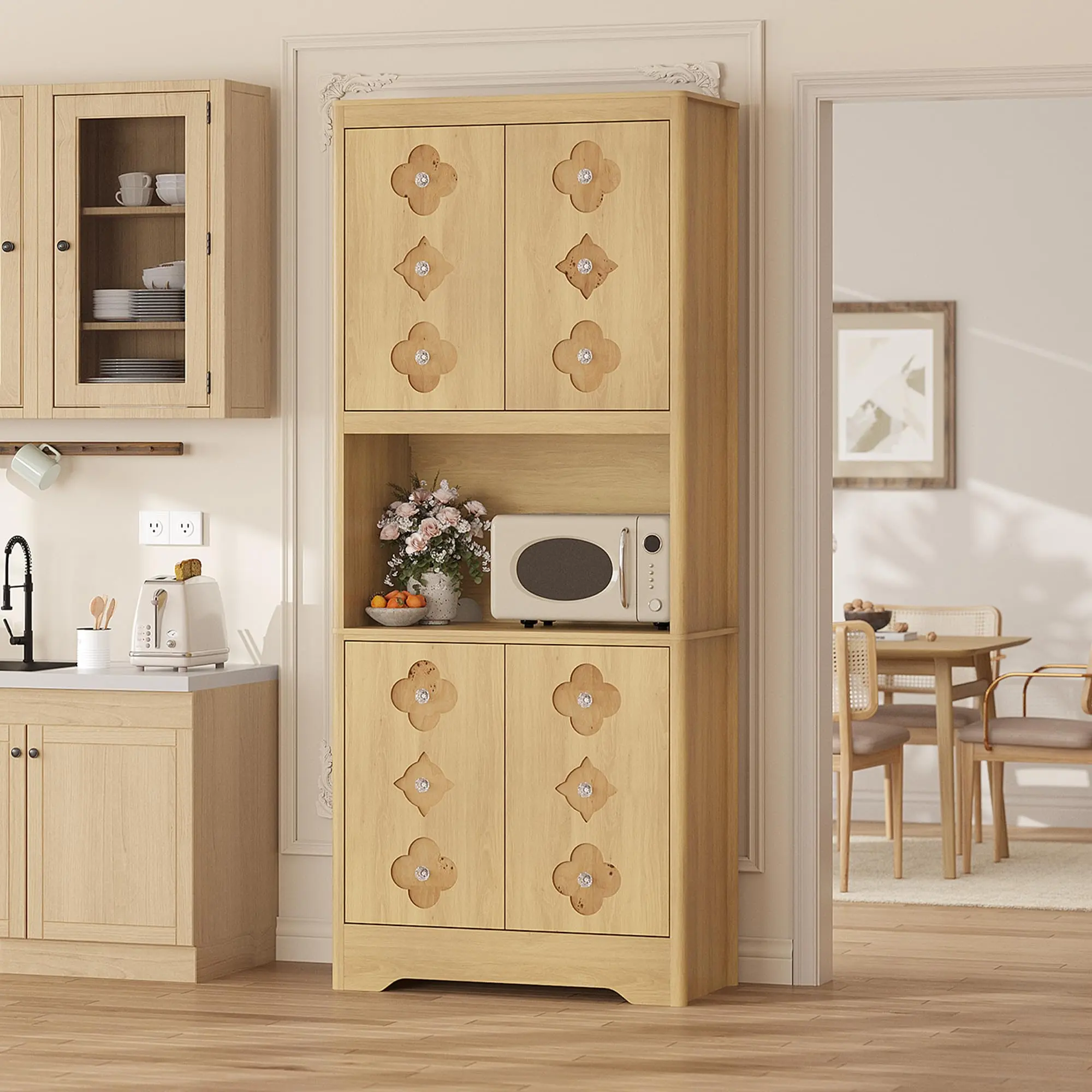 【GARVEE】72"H Wood Pantry Cabinet, French Country American Retro Freestanding Kitchen Hutch with Microwave Countertop, Floral Carvings Doors, Crystal Handles, Rounded Edges - 72"H × 30"W × 16"D, 15.7"×27.4" Open Shelf, 2 Enclosed Cabinets, 150 lbs Capacity