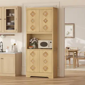 【GARVEE】72" Tall Freestanding Pantry Cabinet, Wooden Kitchen Hutch with Microwave Countertop, Floral-Carved Door & Crystal Handle Storage Cupboard for Dining Room Living Room - summergarden