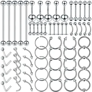 65Pcs Stainless Steel Body Piercing Jewelry Set - Mixed Belly Button, Tongue, Nipple, Eyebrow, Nose Rings, Lip Labret Studs, Industrial Barbells, Helix Tragus Cartilage Earrings - Silver Hypoallergenic Piercing Kit for Men & Women