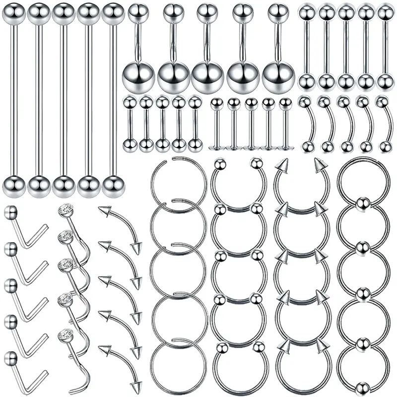 65Pcs Stainless Steel Body Piercing Jewelry Set - Mixed Belly Button, Tongue, Nipple, Eyebrow, Nose Rings, Lip Labret Studs, Industrial Barbells, Helix Tragus Cartilage Earrings - Silver Hypoallergenic Piercing Kit for Men & Women