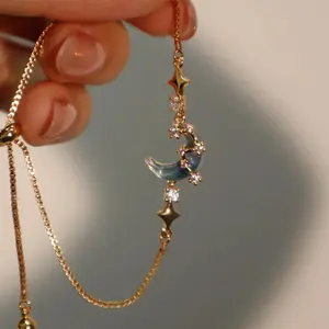 18K Gold Plated Moonstone Bracelet for Women, Moon Star Charm Jewelry with Adjustable Chain for Daily Wear and Layered Outfits