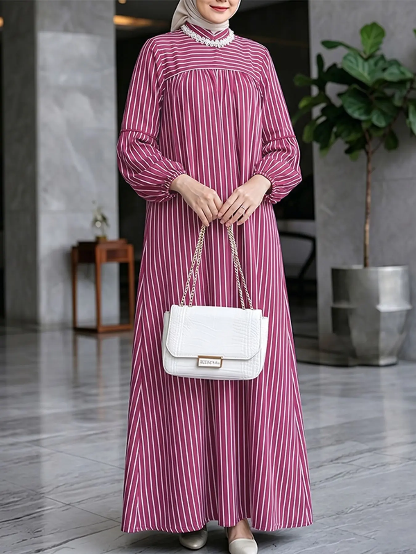 Women's Stand Collar Lantern Sleeve Striped Long Dress, Muslim Kaftan Dress, Muslim Dresses, No Pockets, Casual Loose-Fitting, Spring & Fall, 3/4 Sleeve, Plain Pattern