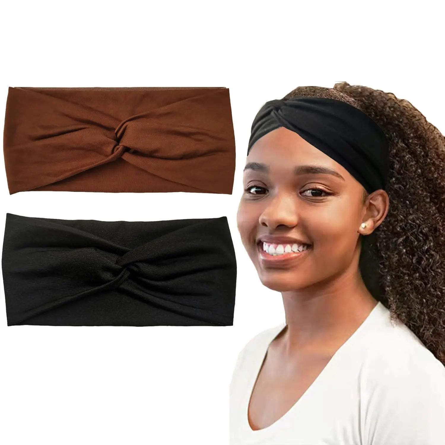 2 count Turban Stretchy Fabric Twist Knotted Cloth Thick Headbands for Women