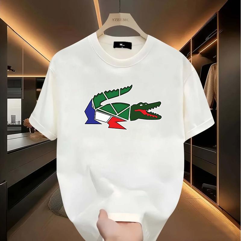 Irregular graphic crocodile T-shirt, cartoon crocodile design, unisex, men's short sleeve round neck street style T-shirt for summer and spring, casual, clothing, couple style, fashionable loose, youthful and energetic, men's daily wear tops