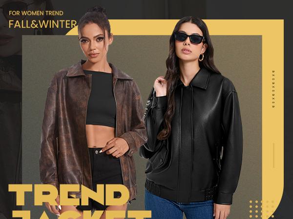 Casly Lamiit Women's Burgundy Faux Leather Jacket Long Sleeve Collared Zipper Oversized Biker Coat Trendy Travel Casual Outfits Basic Outerwear Womenswear Tops