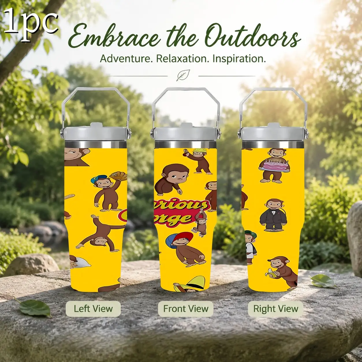 1pc 30oz Curious George Monkey Insulated Tumbler, Insulated Vacuum Tumbler, With Portable Carry Handle And Removable Straw, Double Wall Stainless Steel Leakproof, Cold Heat Retention Large Capacity Travel Mug, Camping Hiking Picnic Birthday Gift