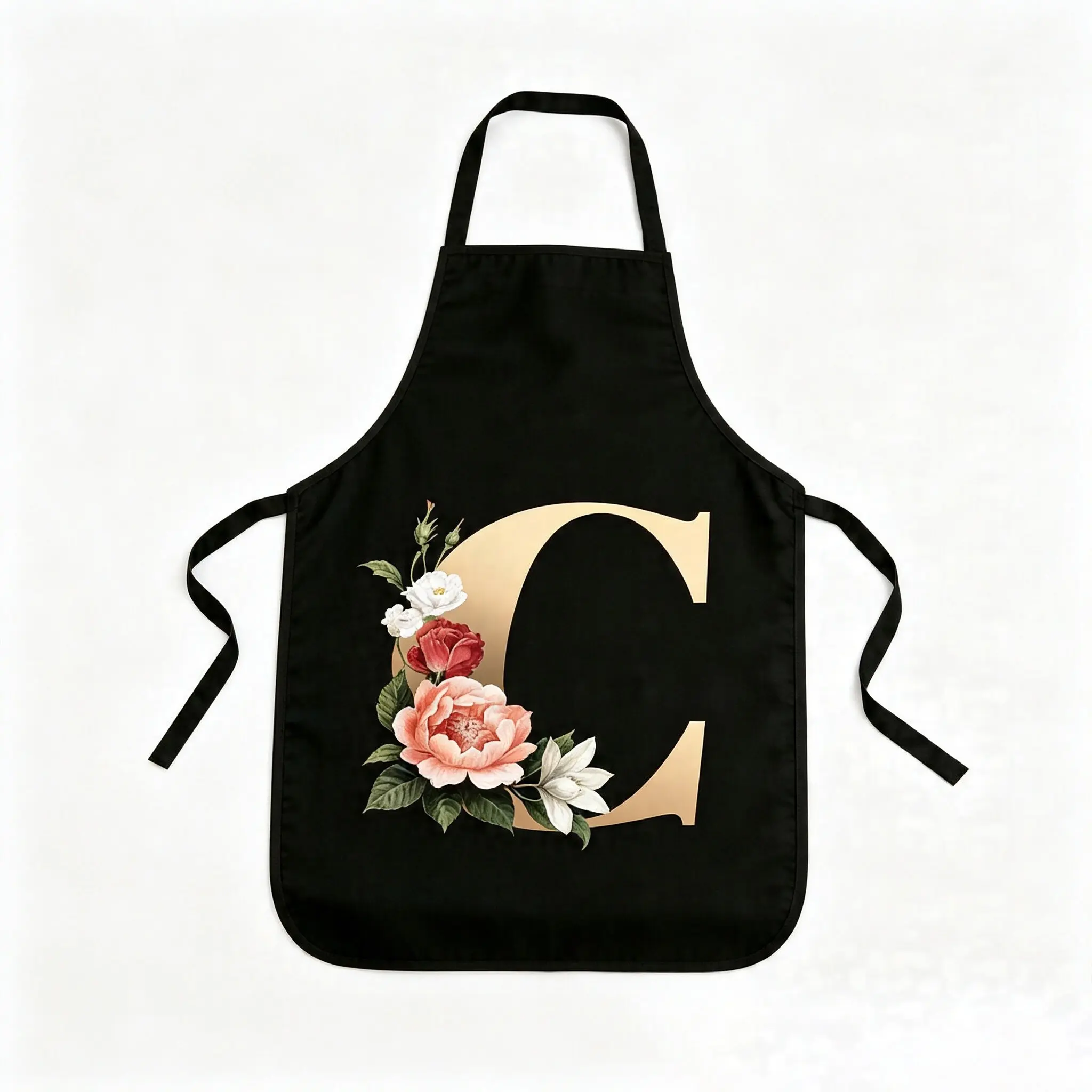 Personalized Gold Initial C Floral Kitchen Apron, Vintage Watercolor Peony Rose Print, Adjustable Shoulder Straps, Elegant Custom Gift