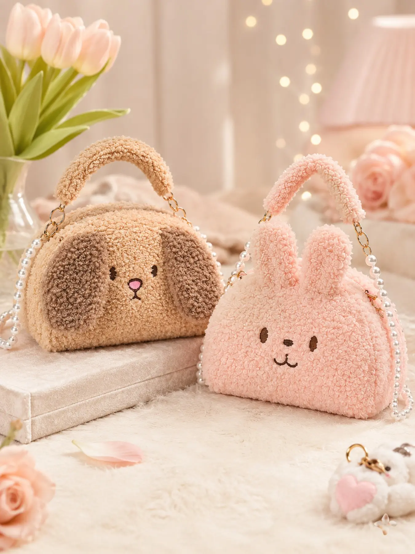 Cute Teddy Bear Plush Handbag for Women, Mini Large Capacity Storage Bag, Soft Fluffy Texture, Pearl Handle Design, Perfect for Daily Use