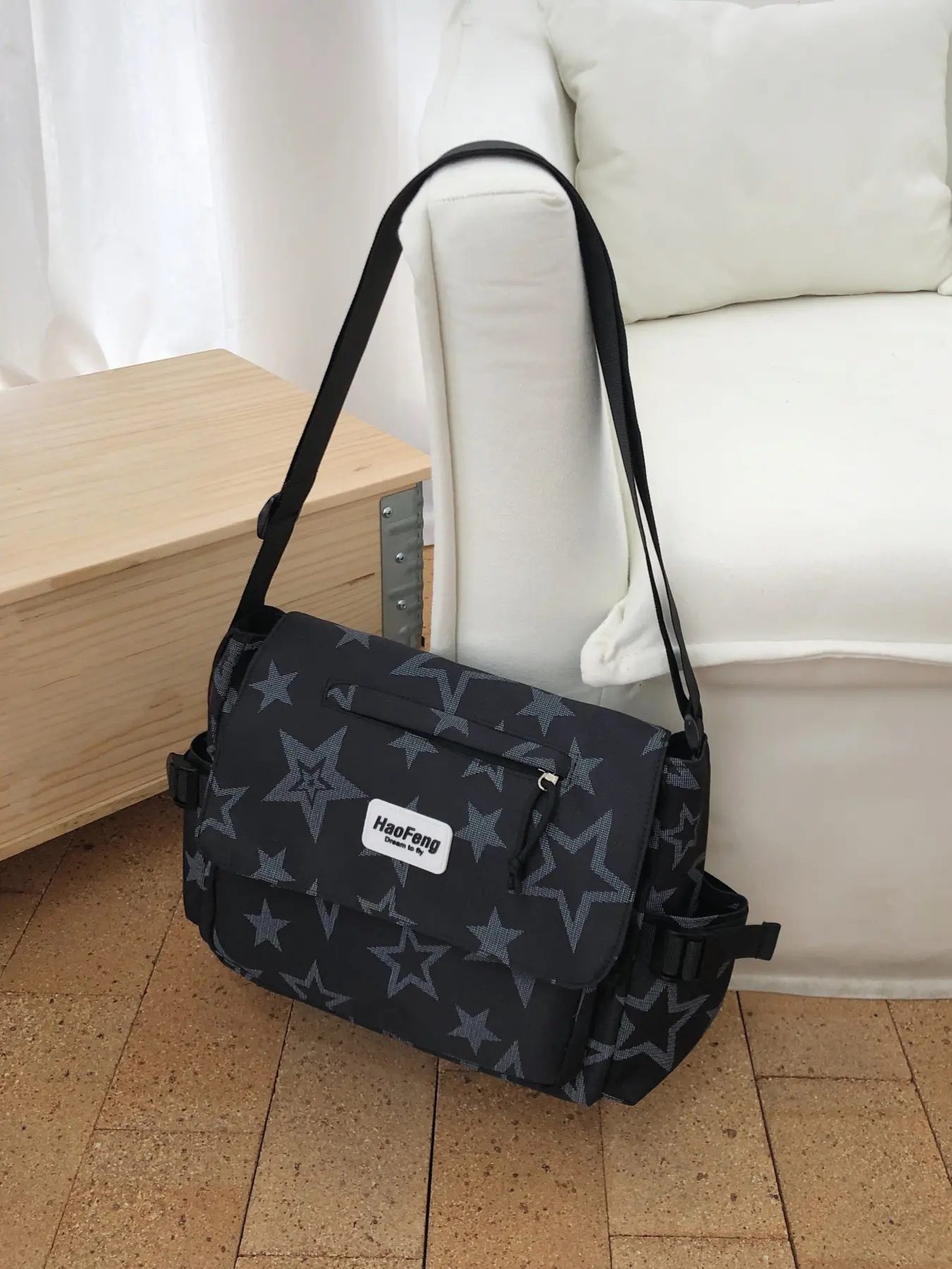 Retro fashion street style star crossbody bag, side multi-pocket large capacity lightweight commuting casual messenger bag, adjustable strap shoulder bag