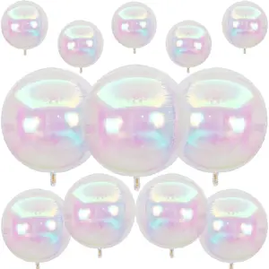 12Pcs Iridescent Round Foil Balloons, 22" 15" 10" 4D Clear Ball Balloon, Holographic Balloons for Birthday Wedding Folding Rainbow Under The Sea Mermaid Party decoration