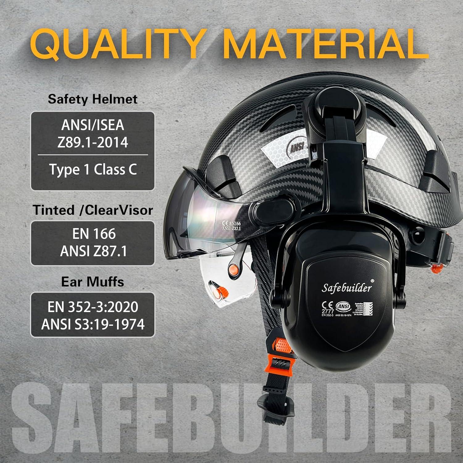 Industrial Safety Helmet with Visor Ear Muffs Hard Hat with Visor Vented Hardhats Construction Work Head Protection Face Shield Hearing Protection