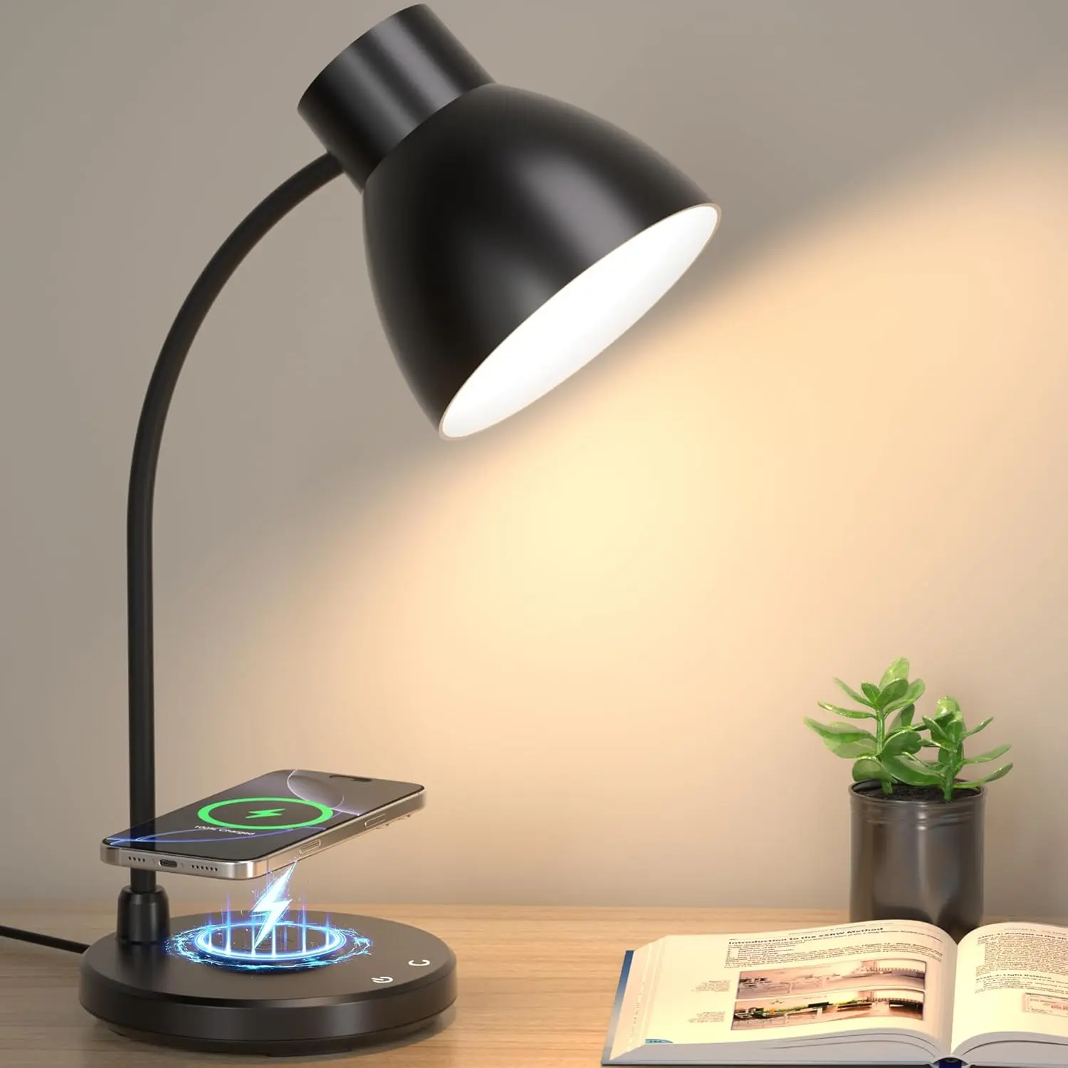 Desk Lamps for Home Office - LED Desk Lamp with Wireless Charger, 3 Color Modes Dimmable Eye-Caring Study Reading Desk Light, Small Flexible Arm Table Lamp for College Dorm Room Bedside, Black