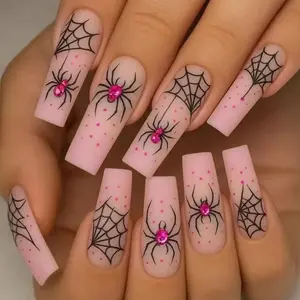 24pcs Super Long Press-On Nails, Halloween Spider Element Rhinestone Nail Tips, European Style False Nails, Easy to Apply, Reusable, DIY Nail Art, Nail Art Design
