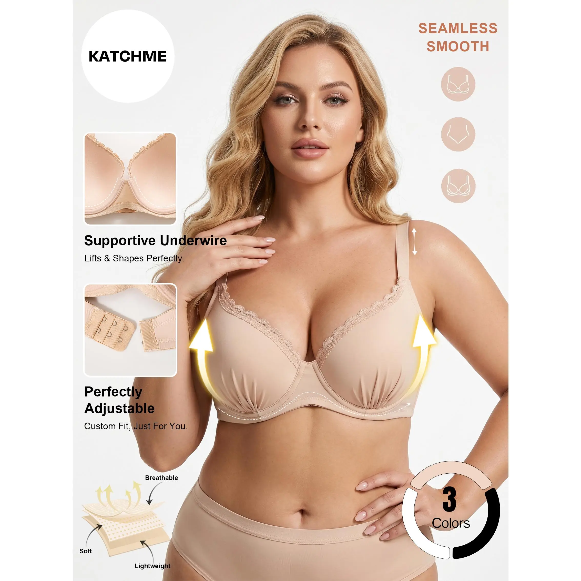 KatchMe COZY Women's Elegant Lace Trim Ruched Underwire Bra, Seamless Adjustable Strap Prevent Sagging Push-Up Bra, Plus Size Skin-Friendly Underwear for Natural Lift & Gentle Shaping
