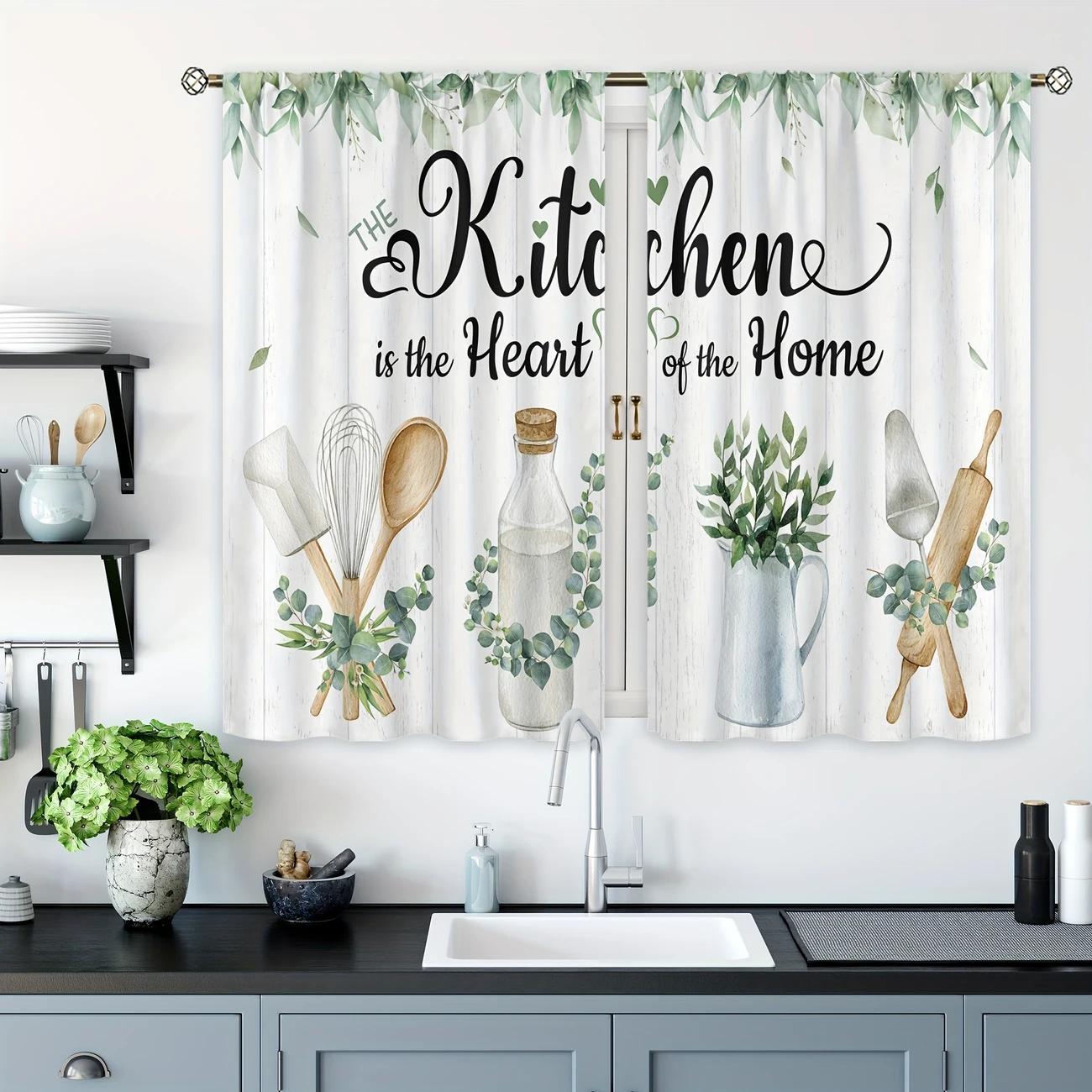 Rustic Eucalyptus Leaf Kitchen Window Curtains, Farmhouse Natural Pocket Rod Decor for Kitchen, Cafe, Office, Living Room & Dining Room, Home Decorative Curtain, Home Decoration Curtain