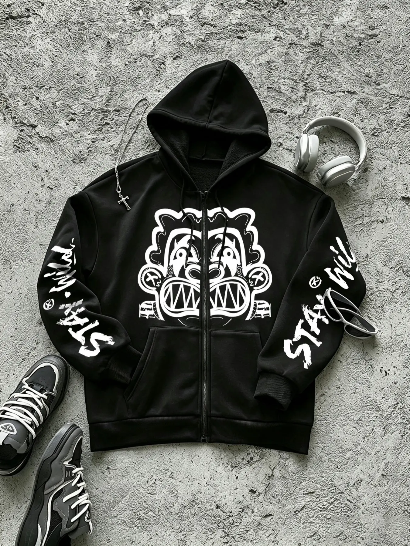 Y2K Streetwear Men Brown Zip Front Hooded Sweatshirt White Clown Graffiti Graphic STAY WILD Sleeve Print Loose Oversized Fit Soft Fleece Hoodie Coat For Home Loungewear Travel Vacation Trendy Campus Daily Casual Outfit