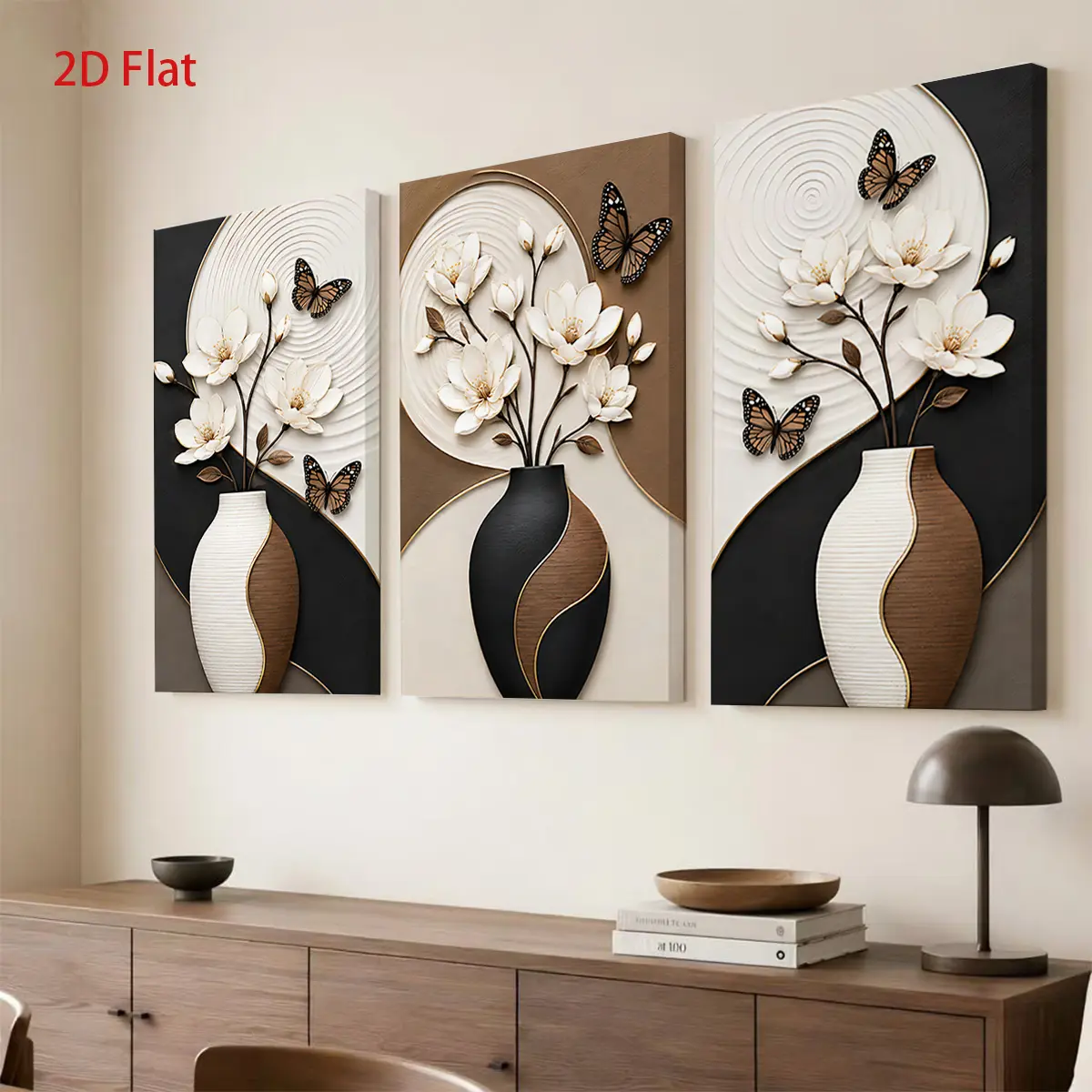 2D Flat Painting 3-Piece Triptych Canvas Wall Decor - Neutral Color Theme with Vases, Flowers, Butterflies, Spiral Patterns, Suitable for Birthdays, Graduation Season, Mother's Day