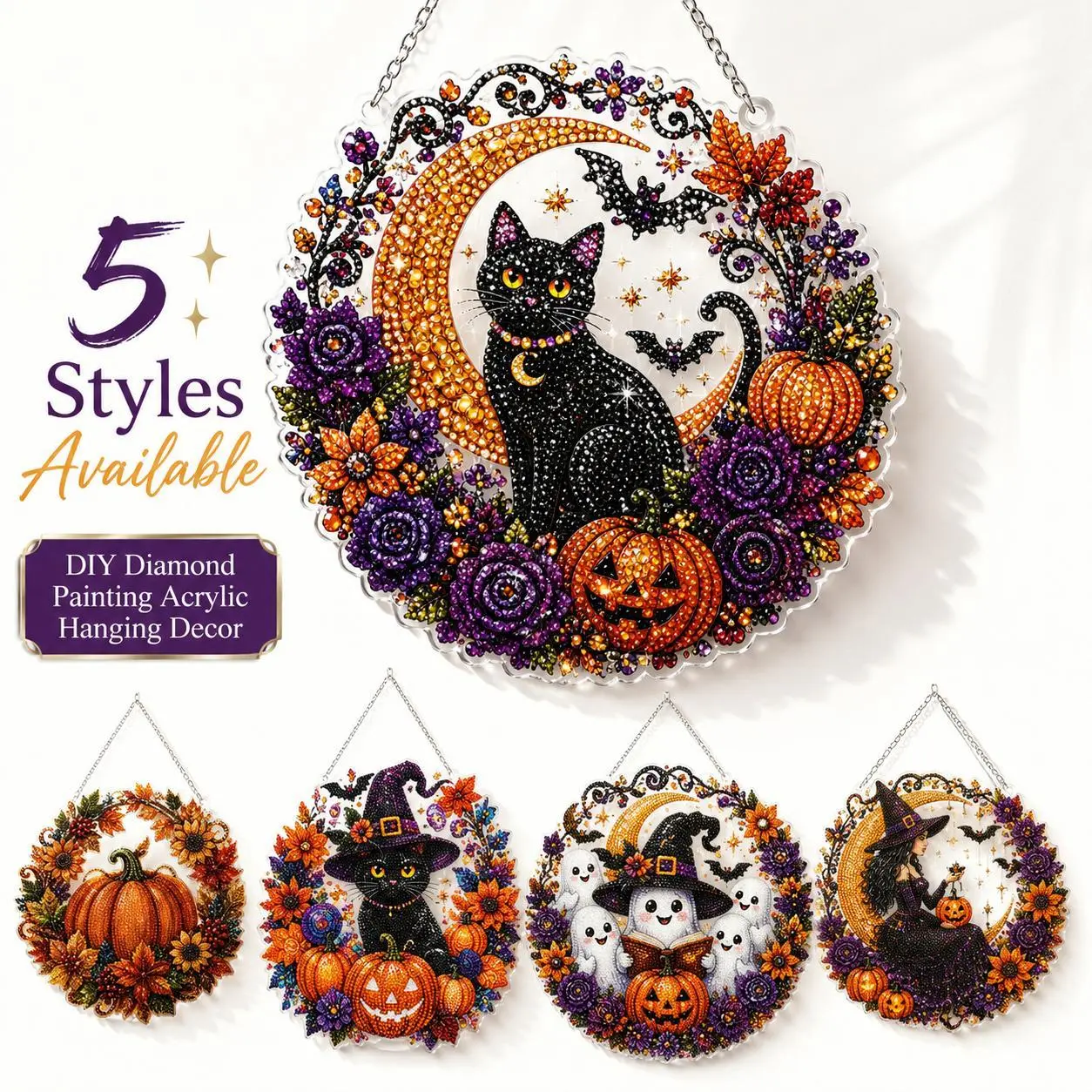 9.84 inches Halloween Diamond Painting Hanging Ornament Kit, Black Cat Moon, Skull & Pumpkin Acrylic Diamond Art Suncatcher, DIY Rhinestone Craft for Adults & Kids, Spooky Window Wall Decor Gift