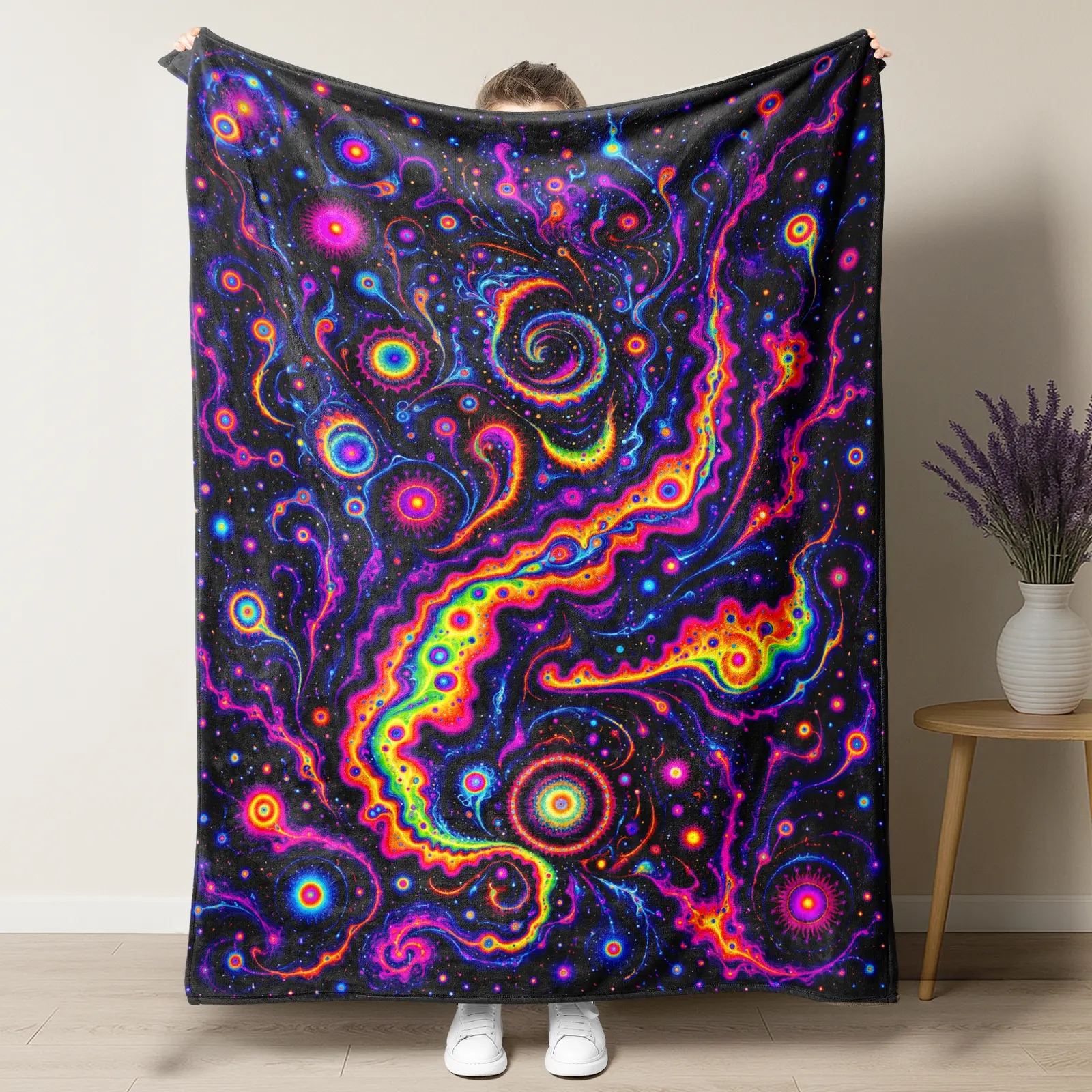 Psychedelic Trippy Throw Blanket - Neon Fractal Abstract Art Plush Blanket, Vibrant Colorful Space Nebula Fleece Throw for Gamers & Room Decor, Unique Hippie Gift for Teens & Adults