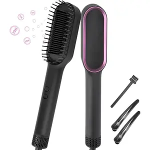 Generic Negative Ions Hair Straightener Brush, 3D Comb Teeth Fast Heating 30 Seconds Salon Quality for Straight Curly Hair with 2 Hair Clamps 1 Cleaning Brush for Home Travel Gifts (Black Red)