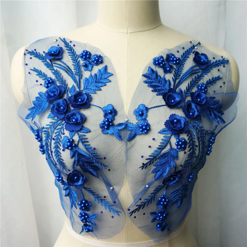 2PCS Royal Blue Embroidered Lace Fabric 3D Flower Floral Appliques Tassel Beads Rhinestone Applique Sewing Patch For Wedding Gown Appliques Dress DIY Decor
