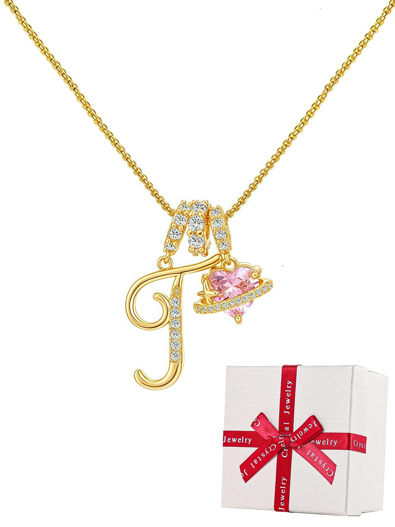 Initial Letter Heart CZ Birthstone Necklace With Rose Jewelry Gift Box, 18K Gold Plated Alphabet Pendant Necklace for Women, Birthday Christmas Jewelry Gift for Women Girl Wife Daughter, Heart Shaped Necklace