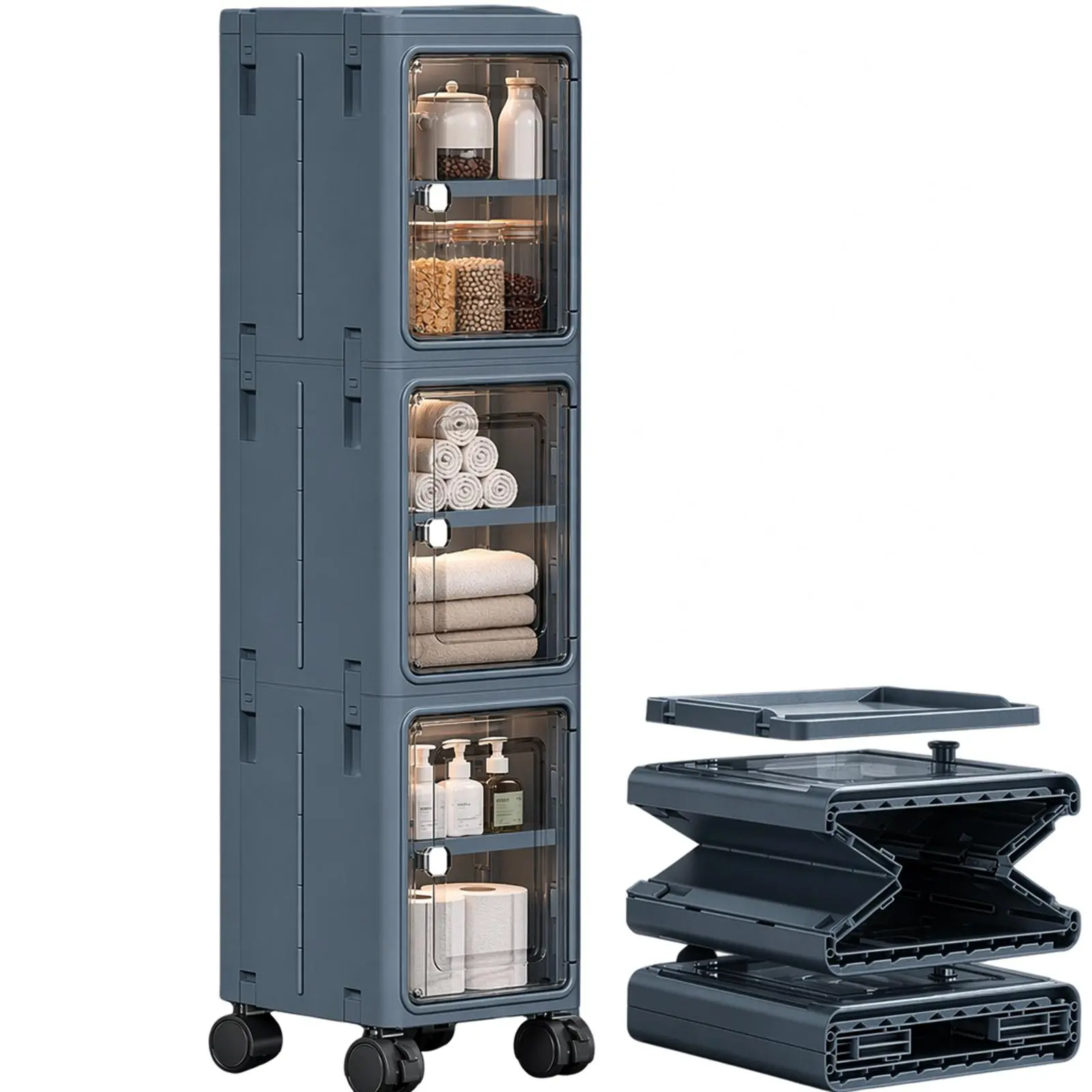 Slim Gap Storage Cabinet with Magnetic Door & Rolling Lockable Casters, Tall Narrow Foldable Plastic Organizer with Adjustable Shelves, Clear Door Pantry Storage for Kitchen, Bathroom, Laundry Small Spaces