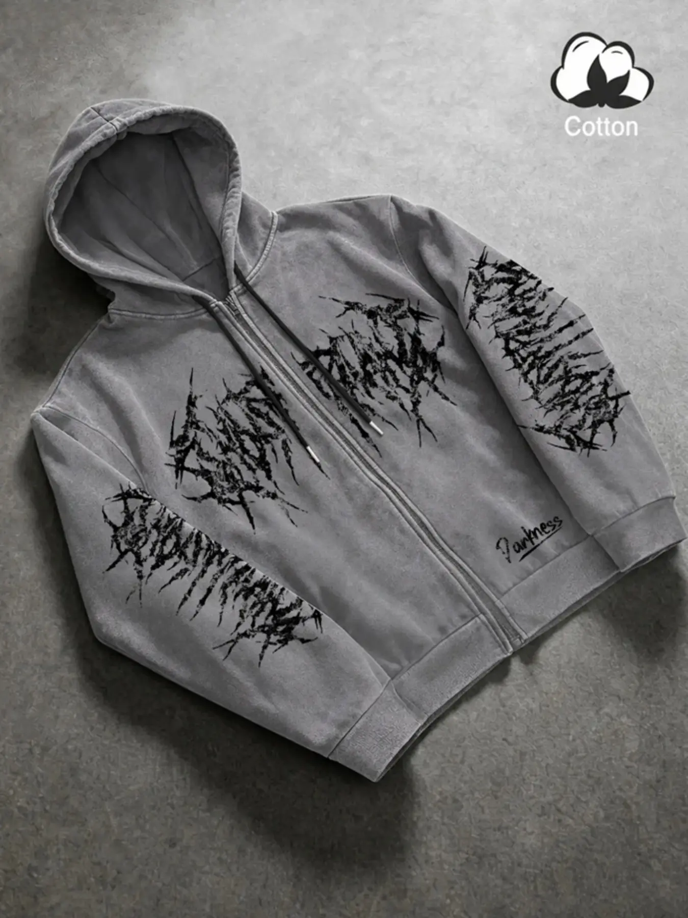 Men's vintage Casual full-zip hooded jacket, featuring a dark, metallic-look thorn motif; designed with a loose fit for a Gothic-inspired streetwear aesthetic.