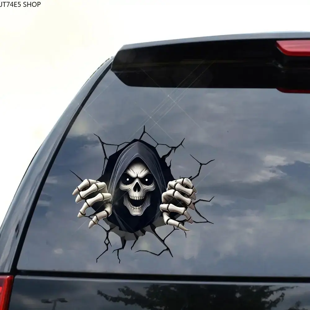 Cute Spooky Horror Skull Decal with Peeping Figure Crack Pattern, Self-Adhesive Irregular Edge PVC Sticker for Laptops, Automobiles and Wall Decor