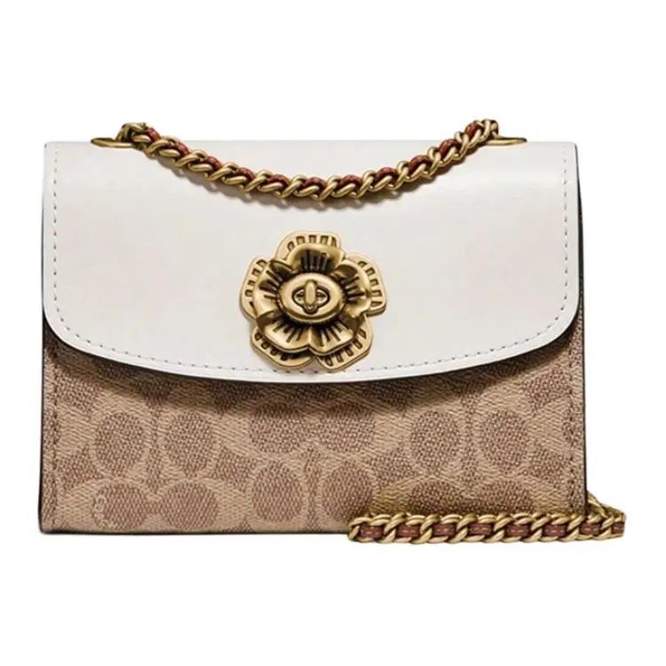 COACH Parker 18 Camellia Chain Crossbody Bag for Women – Coated Canvas and Calfskin, Small Size, White and Brown Monogram